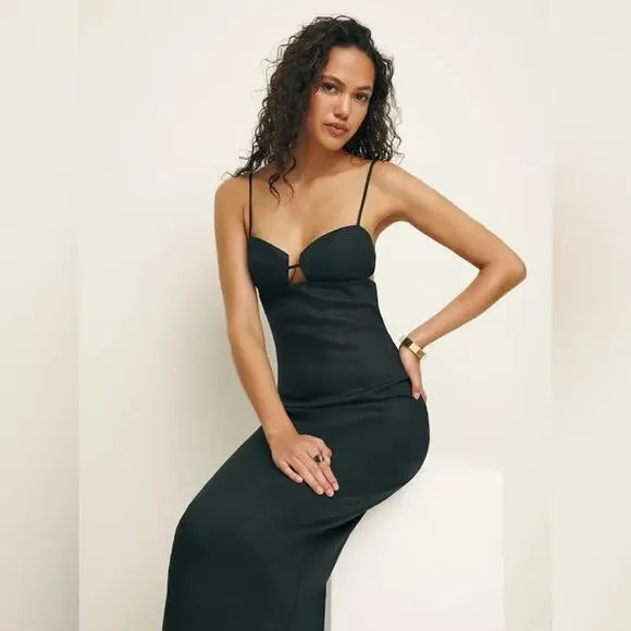 NWT Reformation Malibu Linen Bustier Open Tie Back Slit Maxi Dress NWT Reformation Malibu Linen Bustier Open Tie Back Slit Maxi Dress